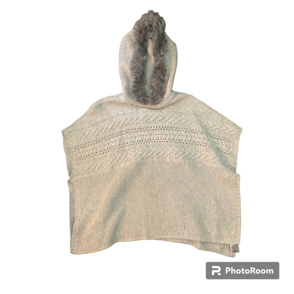 Gap Kids Sweater Poncho in gray with Faux Fur lined hood sz XL
